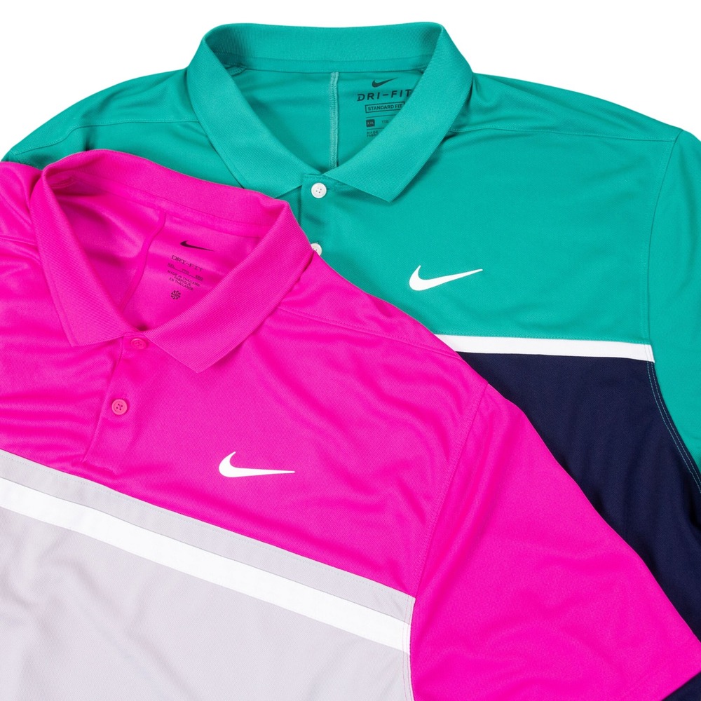 Lot of 2 Nike Mens 2XL Dri-Fit Golf Polo Shirts Pink Grey Teal Navy Colorblock